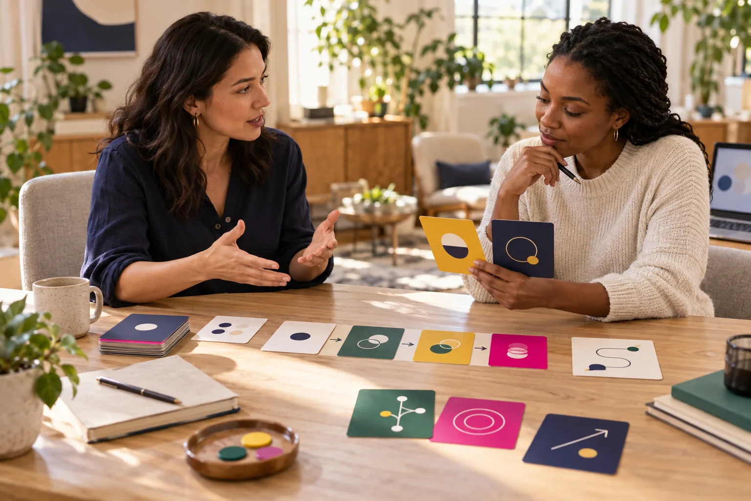 Two colleagues in conversation at a sunlit table, one holding cards from a sequence laid out between them