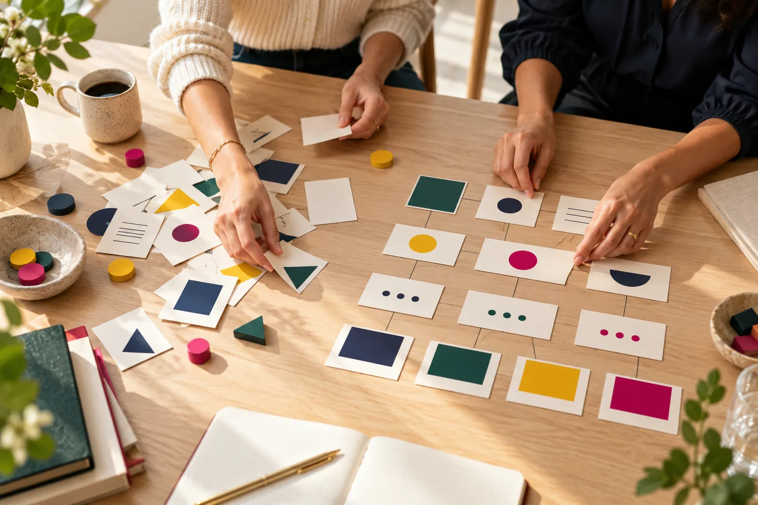 Two people at a sunlit table arranging colour-coded cards into a connected workflow