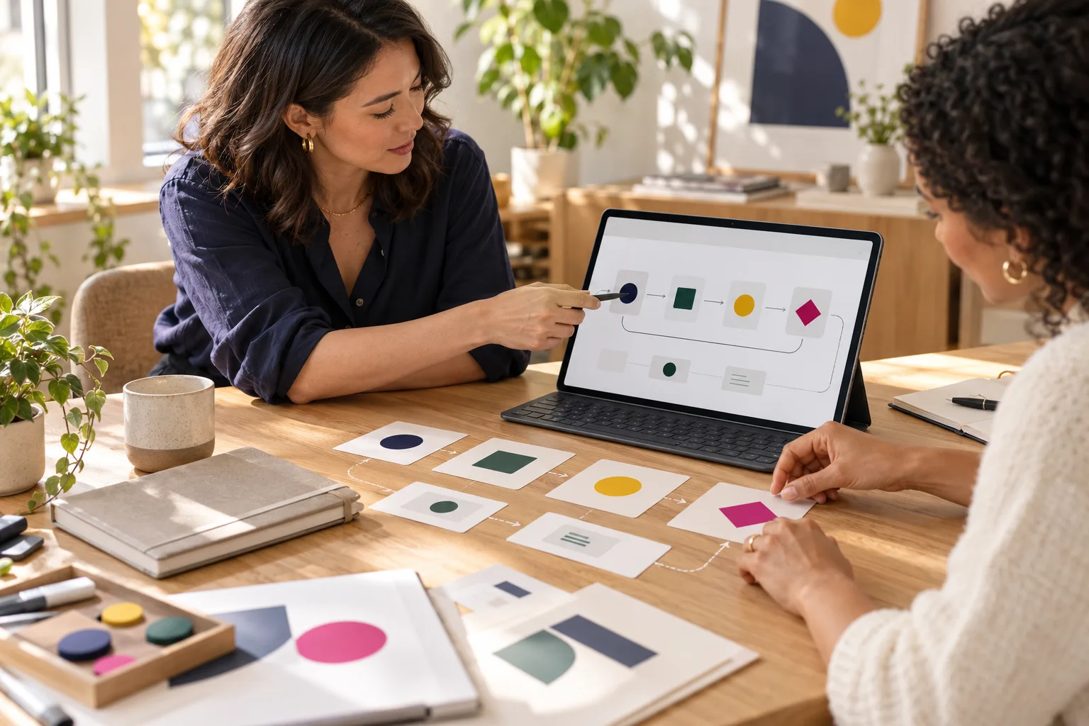 Two colleagues at a table working through a workflow shown on a tablet and laid out in cards beside it